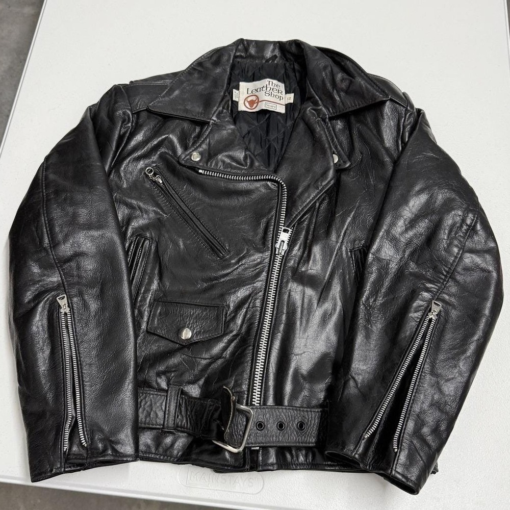 Sears The Leather Shop Moto Jacket Womens 12 Black Vintage Biker Belted